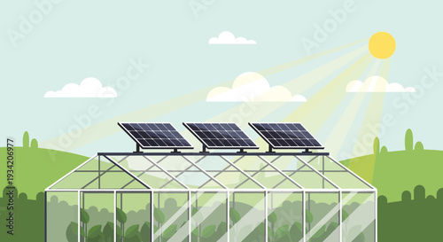 Greenhouse with Solar Panels on Roof - Sustainable Agriculture and Renewable Energy