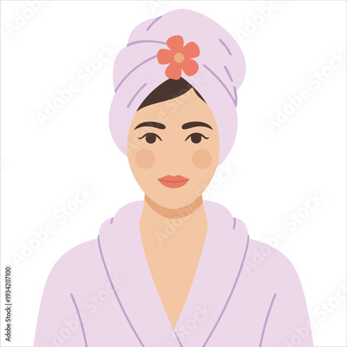 Cartoon flat vector illustration of woman in bath robe with towel turban for spa cosmetics procedure on white background
