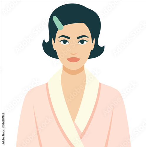 Isolated vector cartoon of woman in spa robe with towel on head for cosmetics procedure concept on white background