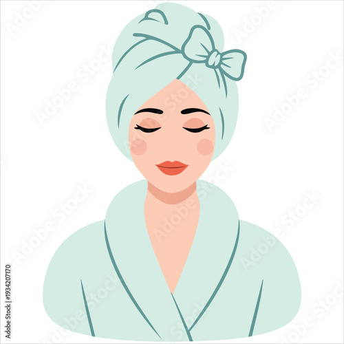 Vector illustration of female character in bathrobe with towel turban for hygiene and shower routine on white background