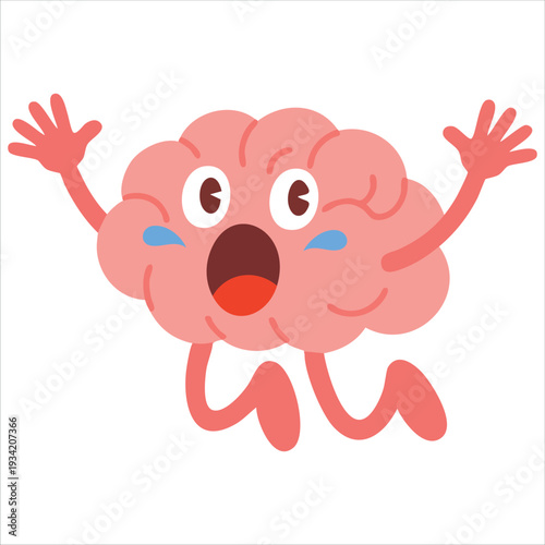 Cartoon illustration of brain character running scared and fleeing mascot design on white background