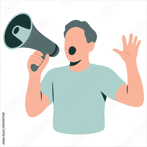 Vector illustration of young man making announcement through megaphone for advertising concept on white background