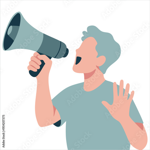 Vector illustration of male character announcing with megaphone for marketing concept on white background