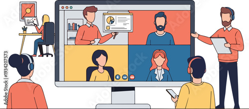 People gathered around a computer monitor displaying a video conference with multiple participants in a collaborative work environment