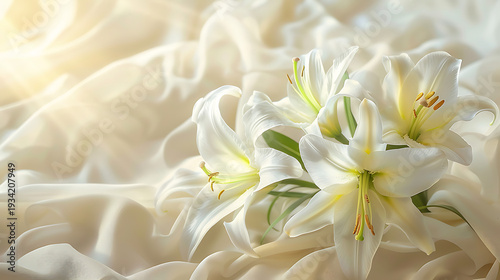 White Easter lilies on elegant silk fabric with soft light for wellness and spa themes