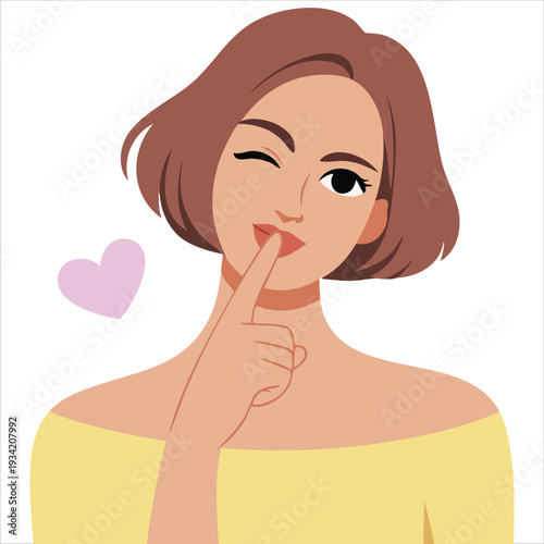 Vector illustration of woman posing with secret gesture isolated on white background