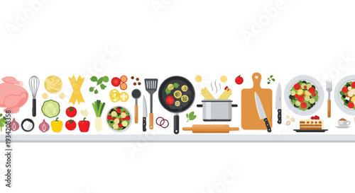 A flat 2D horizontal pattern illustration of various cooking utensils and food items arranged in a colorful and organized manner against a clean white background.