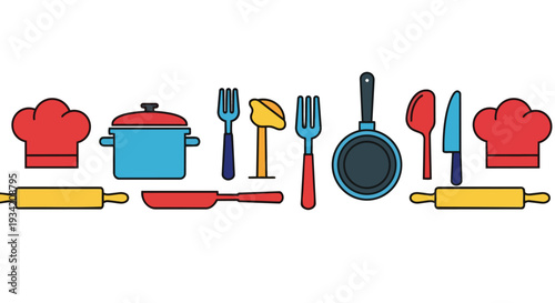 Flat 2D pattern of colorful cooking utensils and chef hats in a horizontal arrangement.