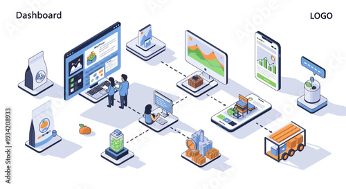Isometric illustration depicting a digital dashboard connecting various stages of agricultural production, from farming and processing to distribution and sales, highlighting technology integration.
