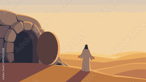Man in white robe standing before an ancient stone tomb with a rolled away boulder at sunrise