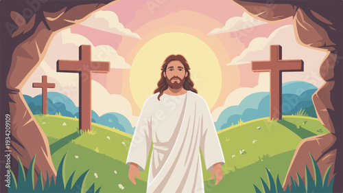 Jesus christ standing in front of three crosses on a hill with a sunset background symbolizing faith and spirituality