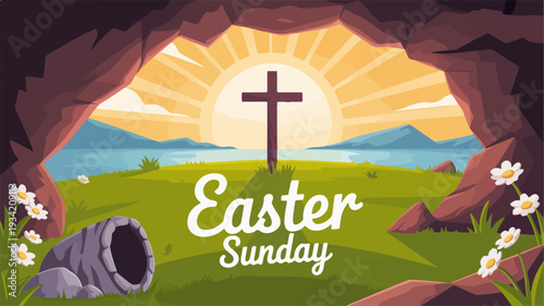 Easter sunday scene with cross sunrise and flowers in a cave symbolizing hope and renewal on a green hill