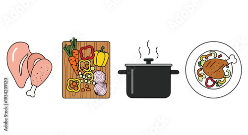 Flat 2D pattern of horizontal cooking elements including a cutting board with vegetables, a pot, a plate with a roasted turkey, and raw turkey legs on a white background.