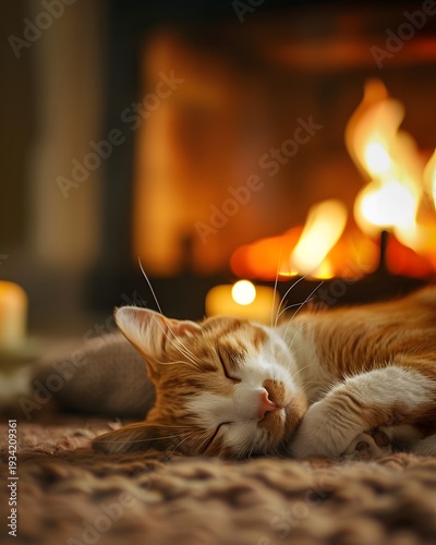 Domestic Cat Curled Up by Fireplace in Soft Light and Calm Winter Mood