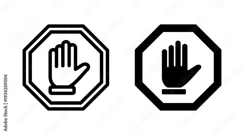 Obraz premium Stop icon set vector. stop road sign. hand stop sign and symbol. Do not enter stop red sign with hand