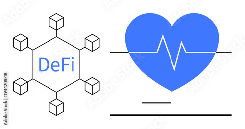 Blockchain, healthcare, fintech, innovation, connectivity, technology. A hexagonal blockchain network labeled DeFi paired with a blue heart and EKG line. Blockchain and healthcare technology