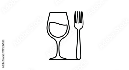 Simple black line art vector graphic illustration depicting a wine glass with liquid next to a dinner fork representing fine dining or refreshment.