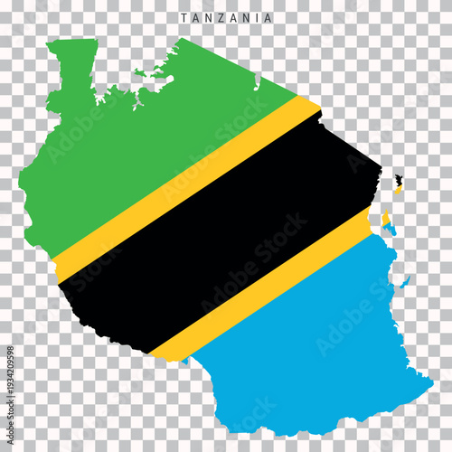 Tanzania map silhouette in flag colors isolated on transparent background