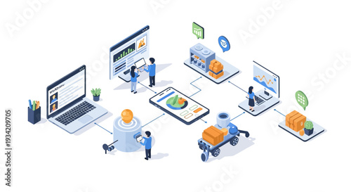 Isometric illustration depicting a digital transformation in agriculture, showcasing smart farming technology and data analysis for improved crop management and efficiency.