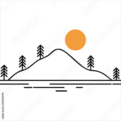 Simple mono line style vector illustration of Mt Rainier national park isolated on white background