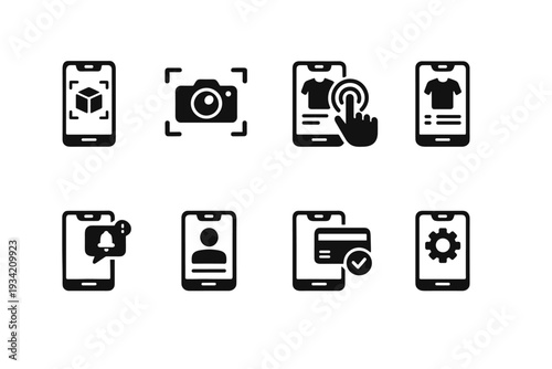 Mobile AR Icons. Mobile AR Shopping App. Filled icon set of Mobile AR Shopping App: smartphone ar view, camera