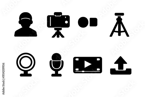 Blogger Filming Essentials. Blogger filming video with smartphone. Filled icon set of Blogger filming video