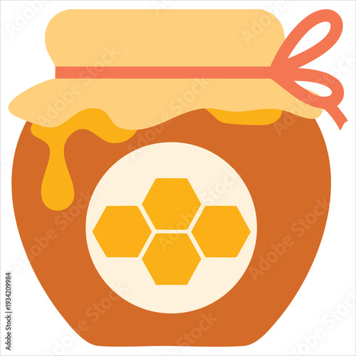 Cartoon style vector illustration of glass jar with golden honey honeycomb label and fabric cap on white background