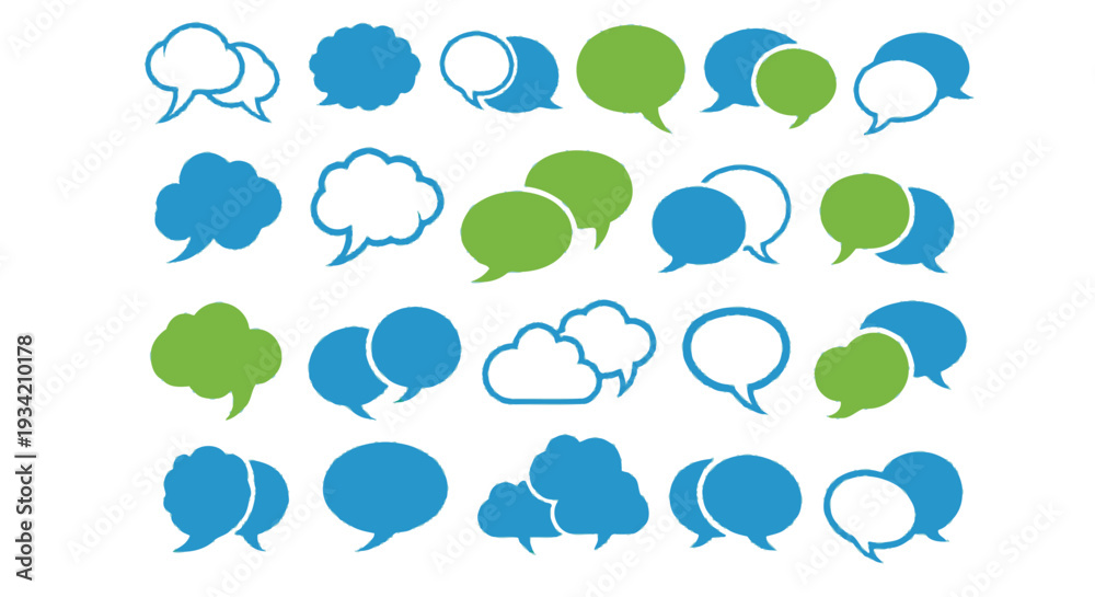 Obraz premium Collection of eighty eight diverse vector illustration speech and chat bubbles in blue green and white styles