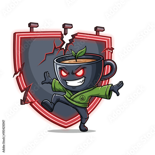 Smiling coffee cup mascot in dynamic pose in front of cracked shield