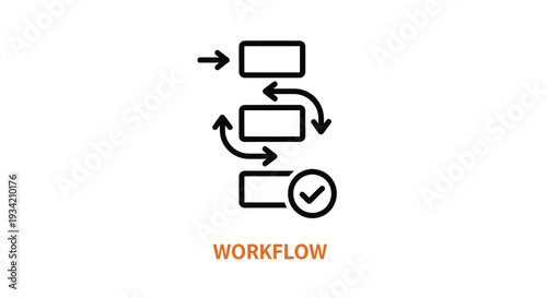 Simple black line art vector graphic illustrating a three-step business workflow process culminating in a successful completion icon.