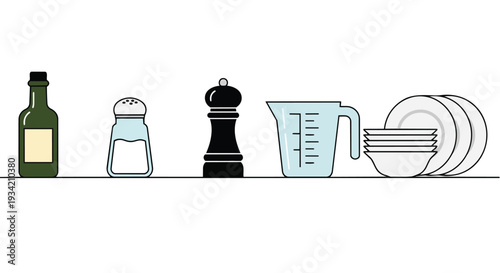 Flat 2D horizontal pattern of kitchen utensils and dishes on a clean white background for cooking.