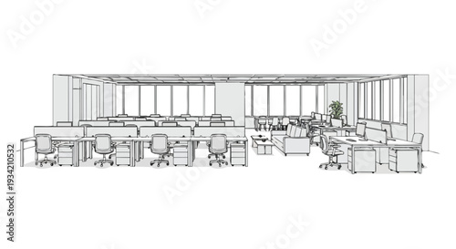 A modern office interior with a horizontal layout, featuring a spacious open-plan area with multiple workstations and ample copy space, presented in a flat 2D style.