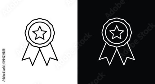 Clean outline vector graphic design featuring a quality award badge with a central star and two hanging ribbons, suitable for certifications.