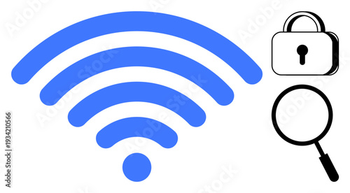 wireless security. wireless symbols paired with a lock and magnifying glass network protection and investigation. wireless security ensures safe internet access and data privacy. Perfect