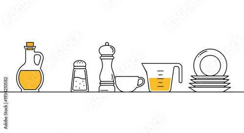 Flat 2D pattern of horizontal cooking utensils and dishes on a clean white background