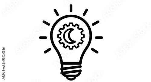 This conceptual vector graphic depicts a lightbulb icon containing a gear and crescent moon, representing smart ideas, night mode, automation, and industrial thought within digital design.