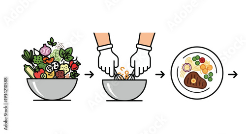Flat 2D illustration of a horizontal cooking pattern showing the process of preparing a meal, from mixing ingredients in a bowl to serving a plated dish.