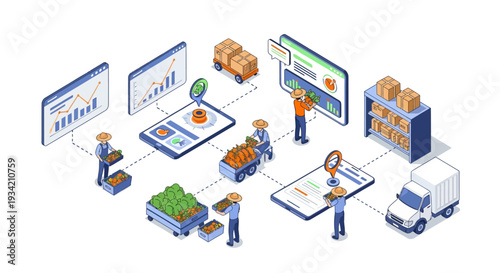 Isometric illustration depicting a modern supply chain management system for agricultural products, showing logistics, inventory, and digital tracking.