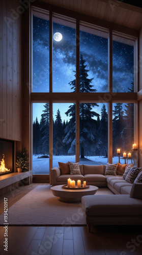 A warm, candlelit living room in a modern mountain lodge with a cozy fireplace