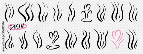 Steam coffee doodles set. Aromatic smoke waves and hearts signs. Hot beverage effect in vector line. Perfect for food branding, cooking apps, or cafe graphics. Smell steam scribbles on transparent bg.