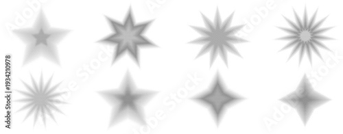 Y2k stars elements with grey halftone set. Bling and twinkles figures with gradation bitmap. Grainy noise star with gradient for retro design. Dithering sparkles isolated on purple background.