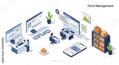 Modern farm management system with digital dashboards, data analysis, and inventory tracking, showcasing technological integration for agricultural efficiency.