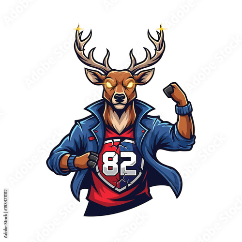 Anthropomorphic deer superhero in blue jacket and red shirt with 82 logo