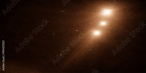 Sun and stars glowing in a dark blue space sky background with bright light rays