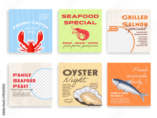 Social media post templates for restaurants, cafes, and stores offering weekly deals and discounts on fresh seafood for new and returning customers
