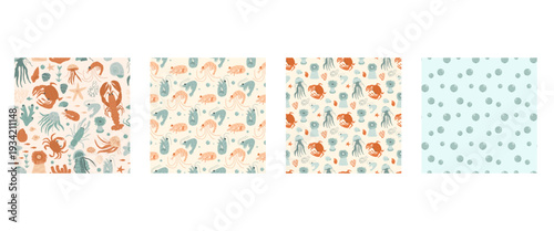 Cute coastal seamless patterns collection. Aop illustrations featuring lobster, shells, sea creatures. Vector seamless summer pattern for beach vintage prints, or tropical ocean-themed backgrounds..