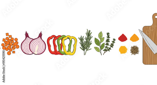 Flat 2D pattern of various cooking ingredients arranged horizontally on a white background with a wooden cutting board.