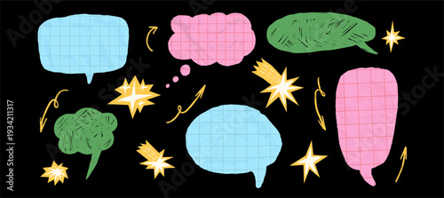 Crumpled grid paper, crayon drawn speech bubbles create playful comic dialogue elements. Text boxes for school chat design and creative paper cutout craft project. Vector message testimonial shapes.