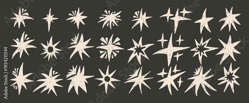 Chalk stars on blackboard. Twinkles spark white pastel set. Pencil crayon drawn scribble twinkles collection. Kids stickers blinks. Christmas simple shine decoration. Vector asterisk elements isolated