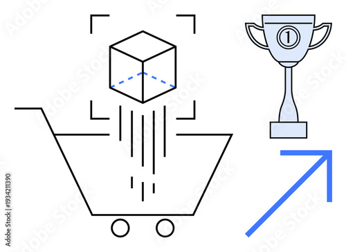 E-commerce concept. E-commerce ed by a shopping cart, 3D product visualization, and a trophy for success. E-commerce innovation, customer solutions, and achievement. For retail, online shopping